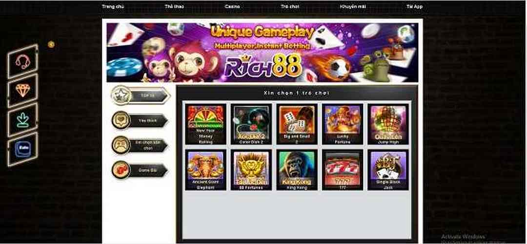 Giao diện cổng cá cược đa dạng của RICH88 (Egame) 